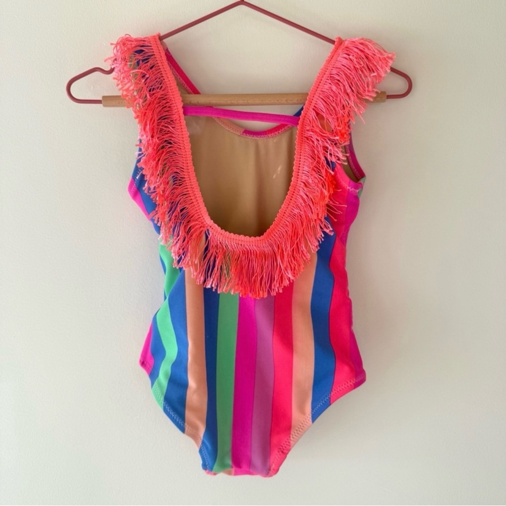 Shade Critters Rainbow Fringe One-Piece Swimsuit Girls 2T Pink Blue Stripe - Picture 4 of 5